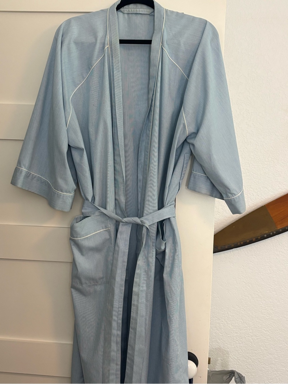 Vintage Blue White Pinstripe Seersucker Robe Long Loungewear Bathrobe Belted M/L